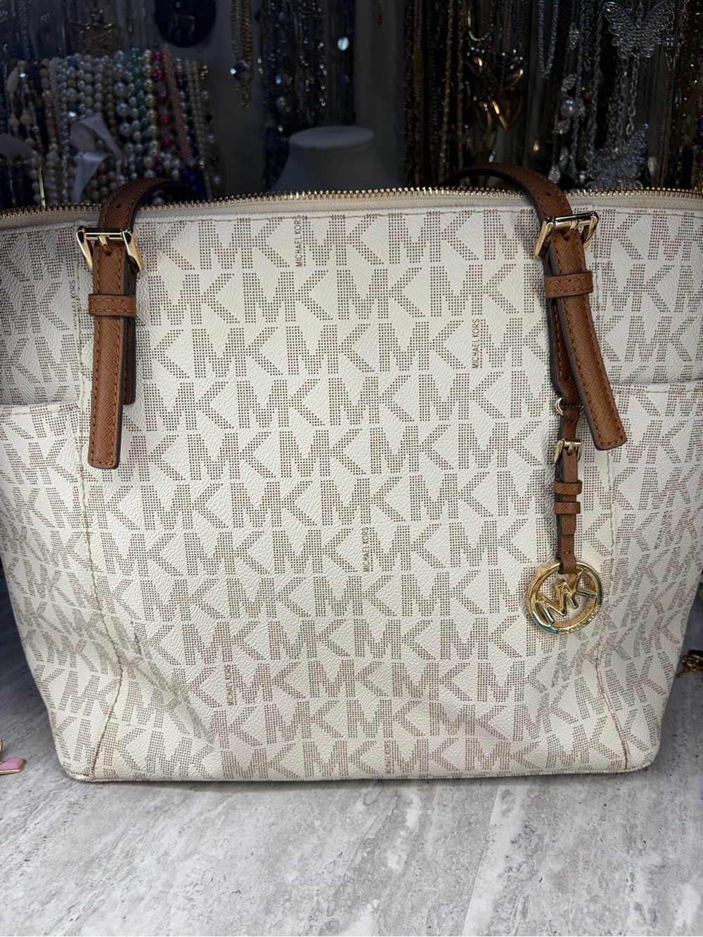 Michael Kors Jet Set Signature Tote MK Purse Bag Vanilla Brown Leather Large EUC